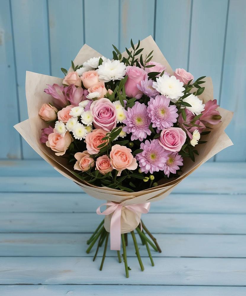 Букет цветов из: Хризантемы, Розы и Альстромерии в Кадый