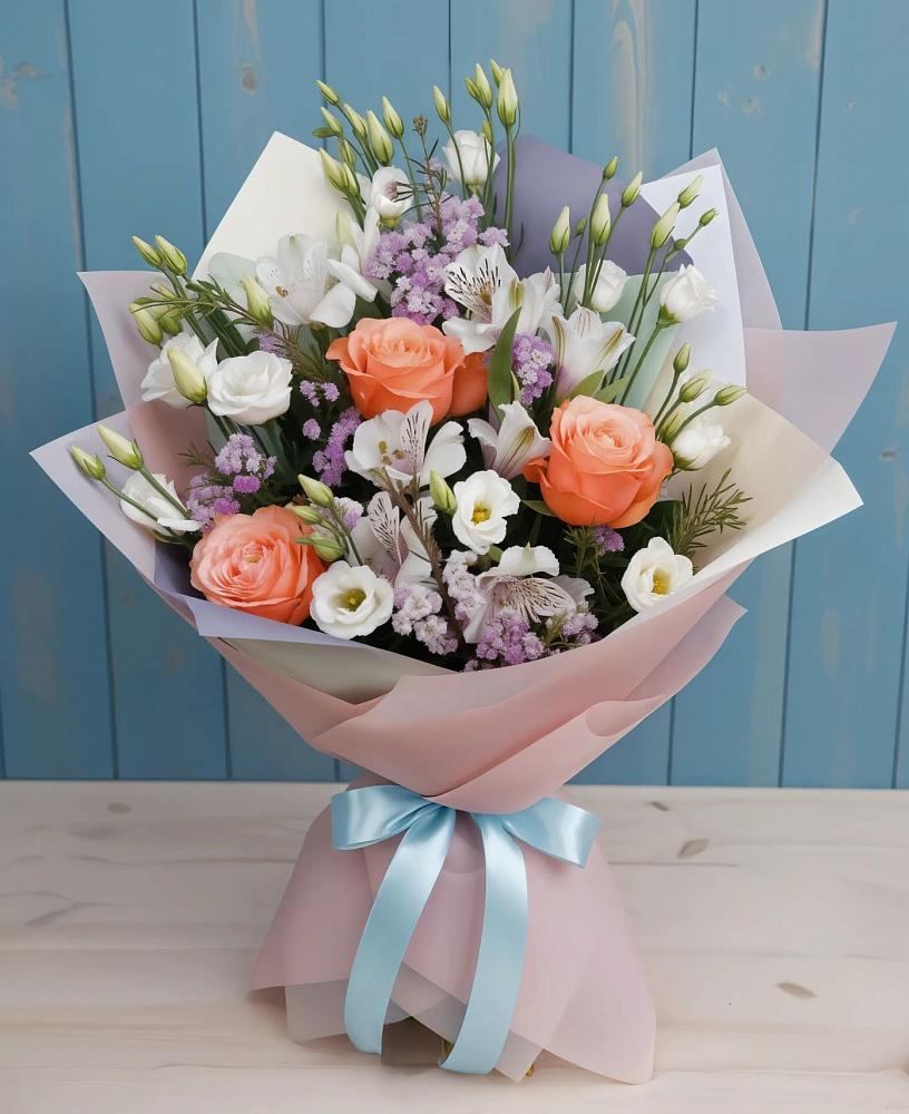 Букет цветов из: Лизиантусы, Розы, Альстромерии и Гипсофила в Кадый