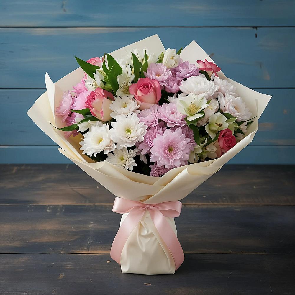 Букет цветов из: Хризантемы, Альстромерии и Розы в Кадый